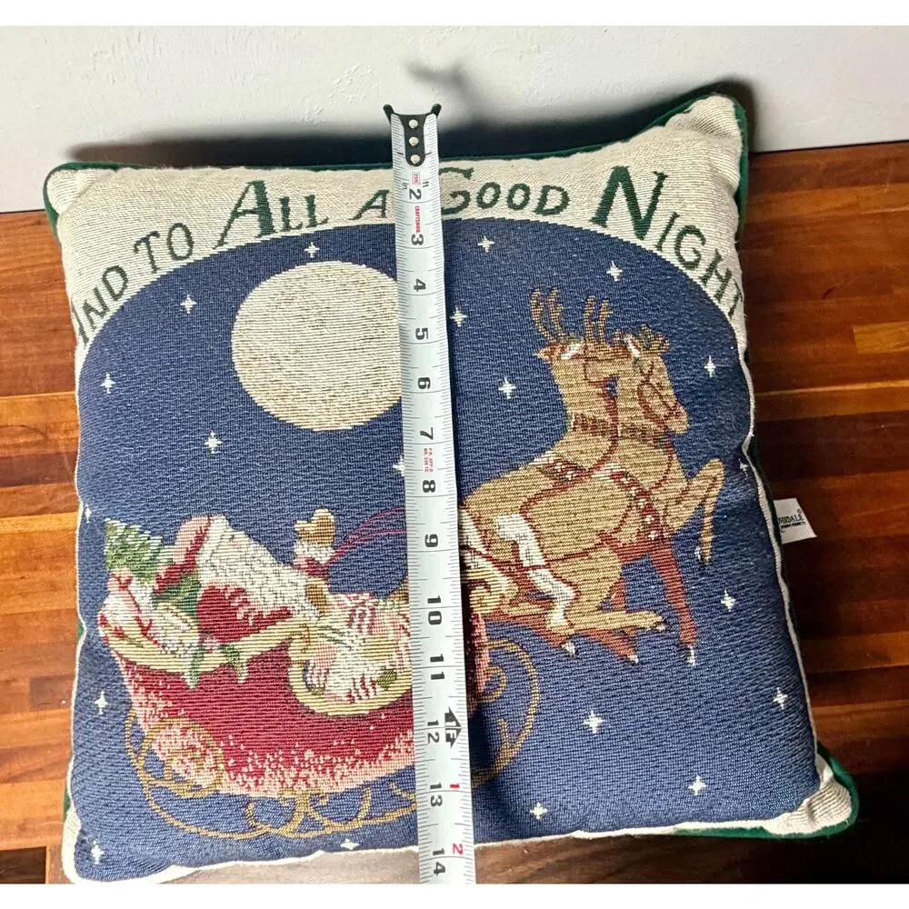 Vintage Christmas Tapestry Pillow | Santa Sleigh, Reindeer, Moon | Holiday